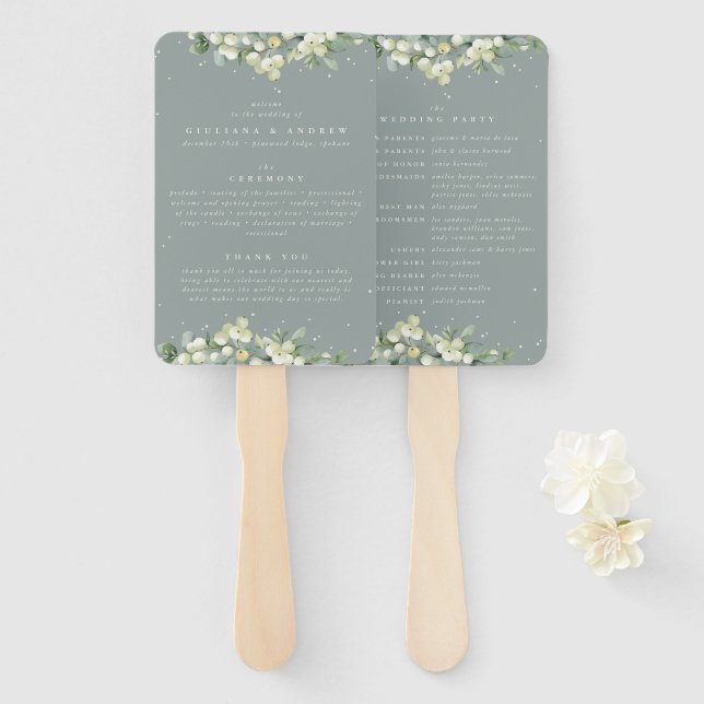 Éventail Mariage d'hiver Seafoam Green Snowberry+Eucalyptus (Devant et derrière)