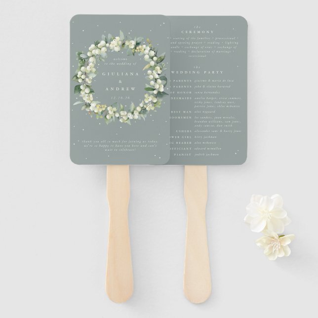Éventail Mariage d'hiver Seafoam Green Snowberry+Eucalyptus (Devant et derrière)