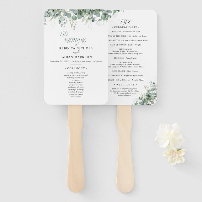 Éventail Mariage Élégant avec Verdure d'Eucalyptus (Devant et derrière)