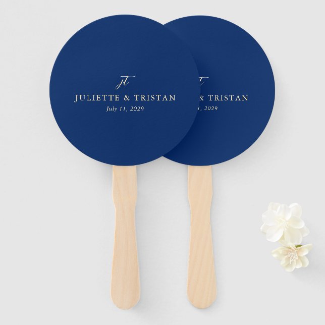 Éventail Mariage Élégant Bleu Marine et Crème Classique (Devant et derrière)