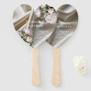 Éventail Mariage en Satin Blanc avec Roses et Pivoine