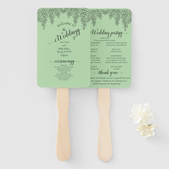 Éventail Mariage Feuille de Fougère Vert Sauge (Devant et derrière)