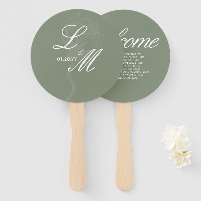 Éventail Mariage Fleur de Coton à Script Élégant avec Monog (Devant et derrière)