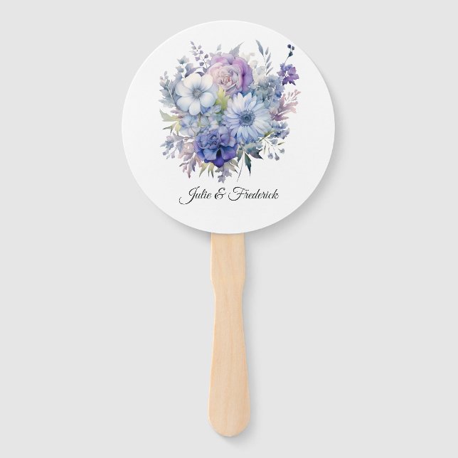 Éventail Mariage floral argent, bleu glacé et lilas (Devant)