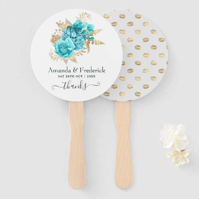 Éventail Mariage floral bleu aqua et or (Devant et derrière)