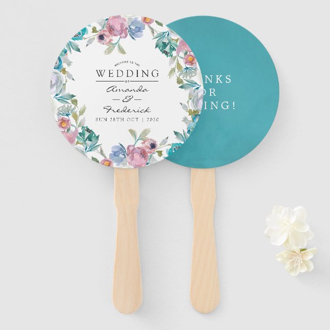 Éventail Mariage floral bleu et turquoise Dusty Favoriser (Devant et derrière)