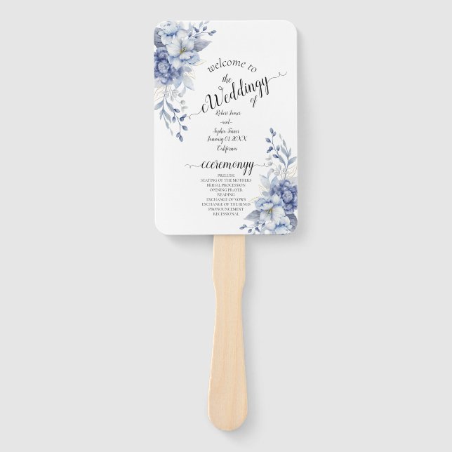 Éventail Mariage floral bleu poussiéreux  (Devant)