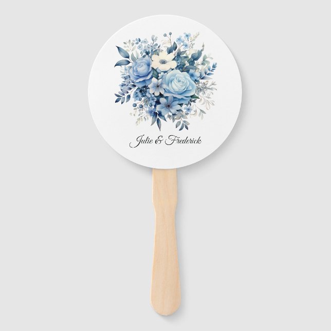 Éventail Mariage Floral Bleu Poussiéreux (Devant)