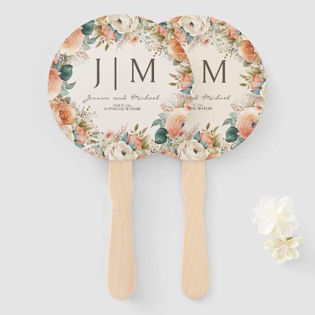 Éventail Mariage Floral Crème de Pêche Eucalyptus (Devant et derrière)