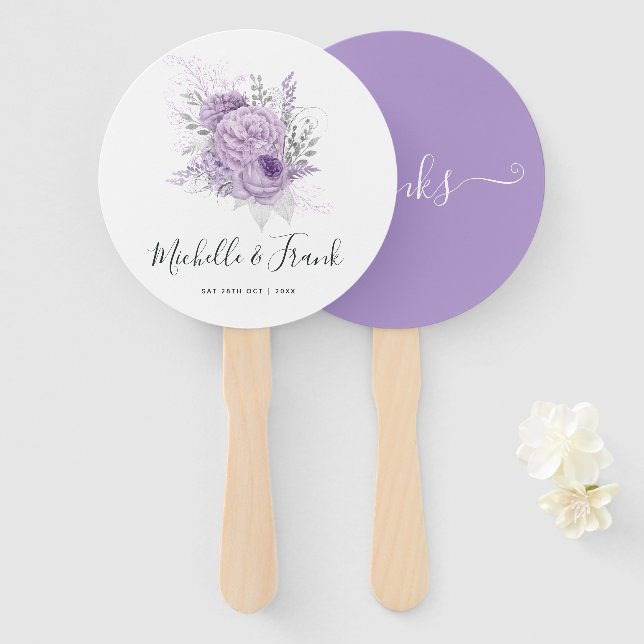 Éventail Mariage floral lavande et argent (Devant et derrière)