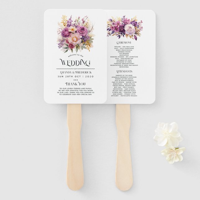 Éventail Mariage floral mauve et or (Devant et derrière)