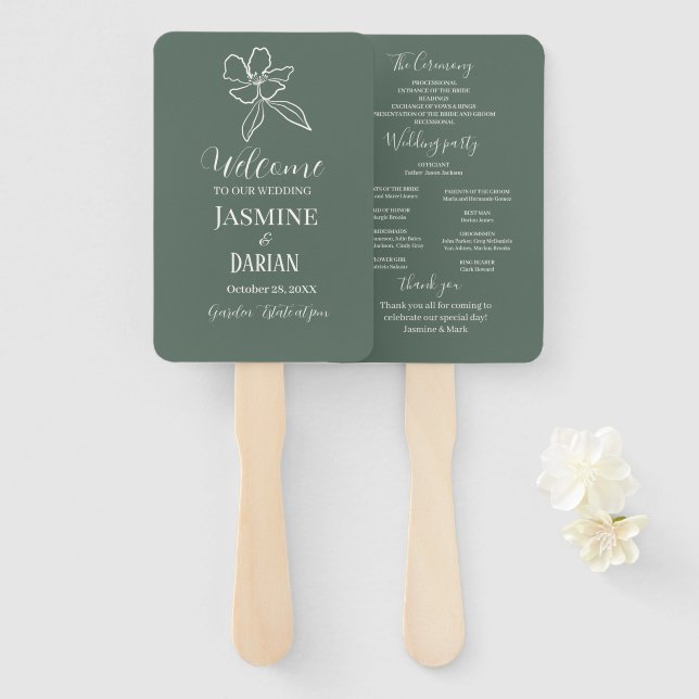 Éventail Mariage floral minimal vert forêt (Devant et derrière)