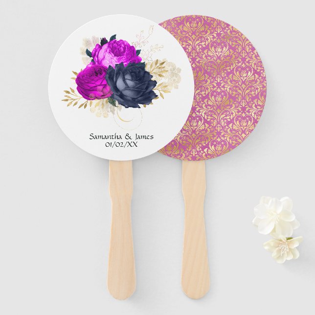 Éventail Mariage floral Navy et Magenta et Or (Devant et derrière)
