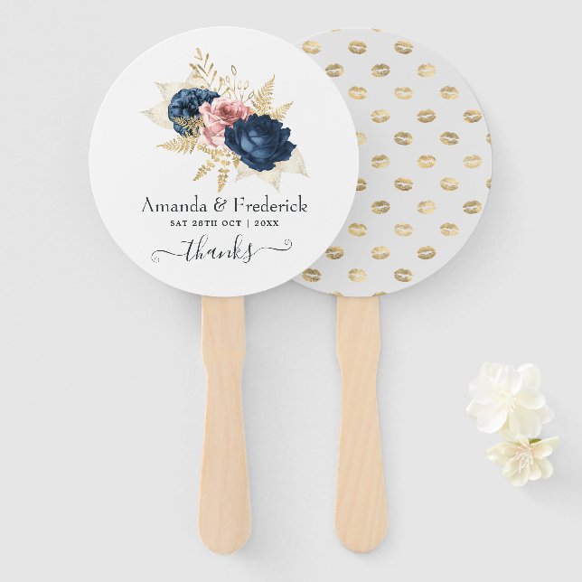 Éventail Mariage floral rose, navy et or (Devant et derrière)