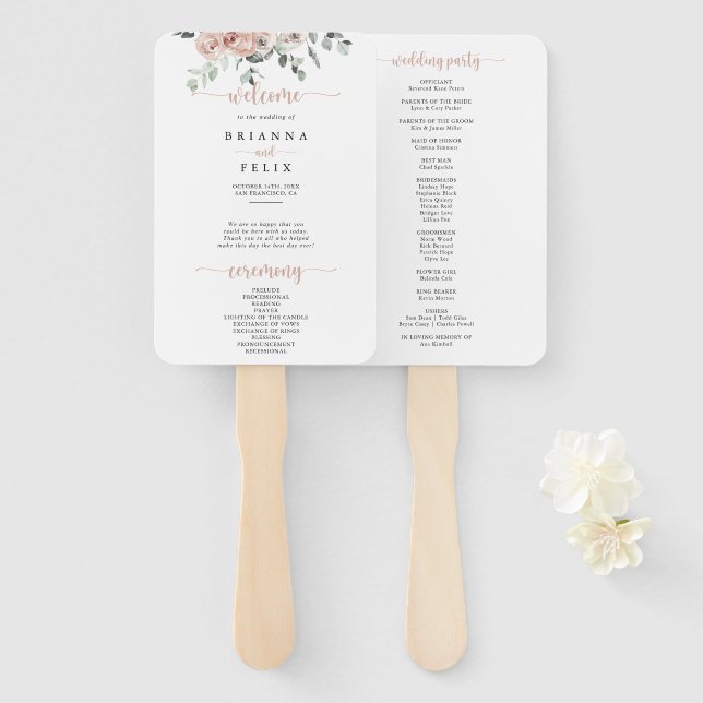 Éventail Mariage Floral Rose Poussiéreuse Classique  (Devant et derrière)