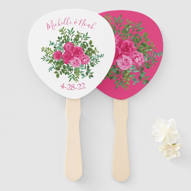 Éventail Mariage floral rose vif (Devant et derrière)