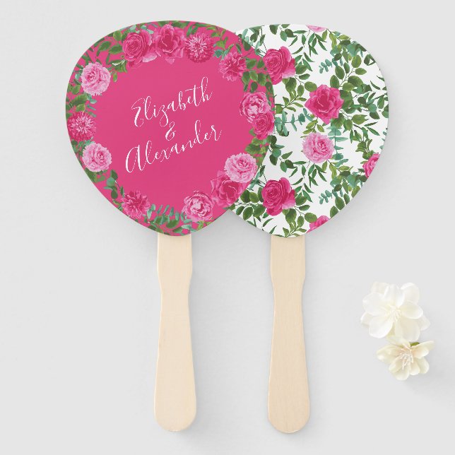 Éventail Mariage floral rose vif (Devant et derrière)