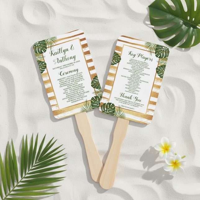 Éventail Mariage Gold Foil & Green Palm Leaf Beach (Créateur téléchargé)
