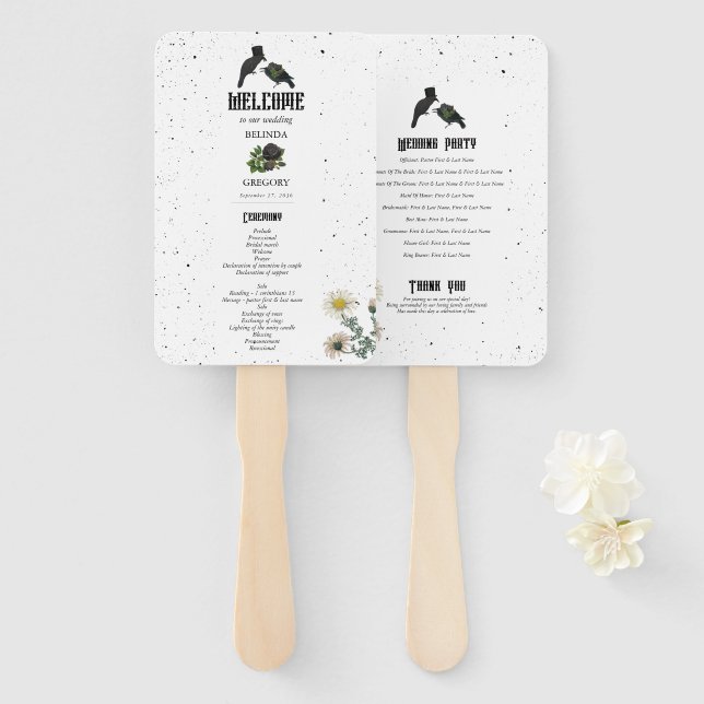 Éventail Mariage Halloween Gothique Roses Noires Corbeaux (Devant et derrière)