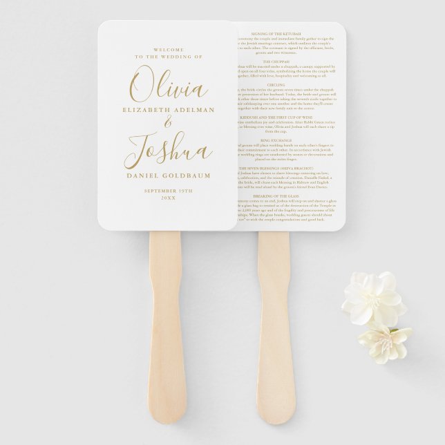 Éventail Mariage juif avec signature dorée (Devant et derrière)