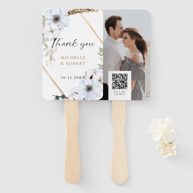 Éventail Mariage Merci QR Photo Floral Boho Or (Devant et derrière)