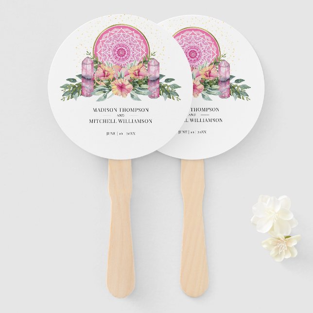 Éventail Mariage métaphysique rose floral Mandala Crystals (Devant et derrière)