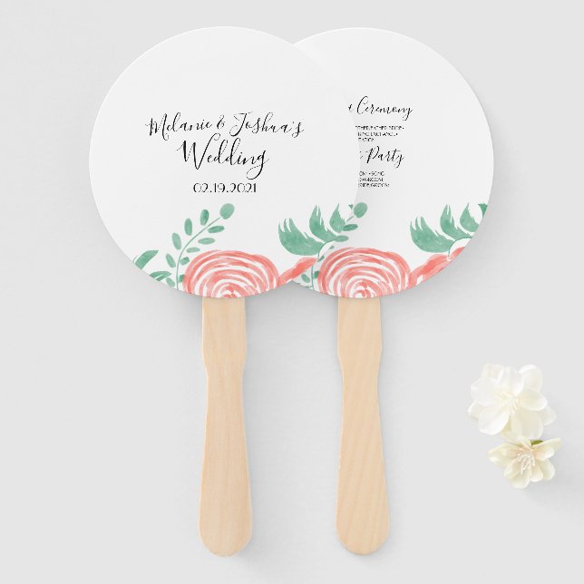 Éventail Mariage moderne aquarelle pivoine corail (Devant et derrière)