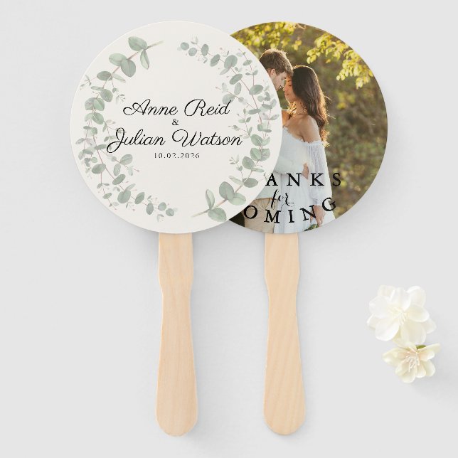Éventail Mariage Moderne Blanc avec feuilles d'Eucalyptus  (Devant et derrière)