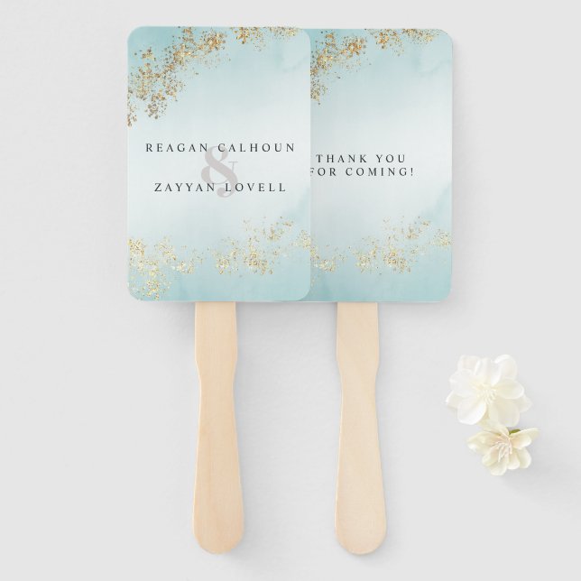 Éventail Mariage Moderne Luxe Paillettes D'or Brume de Teal (Devant et derrière)