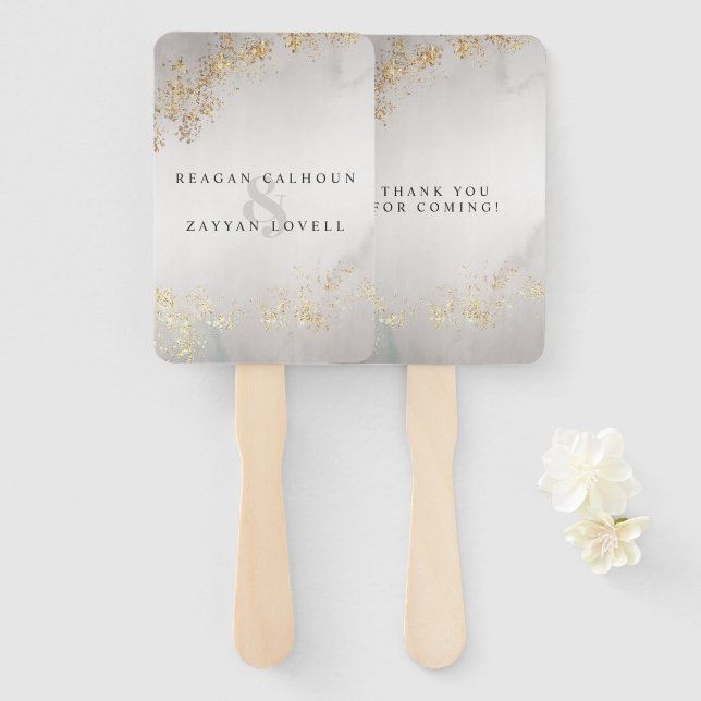 Éventail Mariage Moderne Luxe Paillettes Dorées Brume Grise (Devant et derrière)