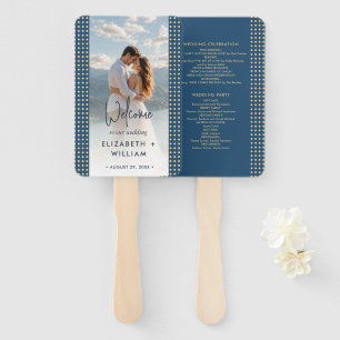Éventail Mariage personnalisé Gold & Blue Polka Dot