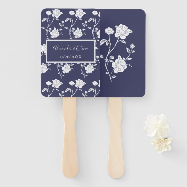 Éventail Mariage Rose de la Marine Favor Hand Fan (Devant et derrière)