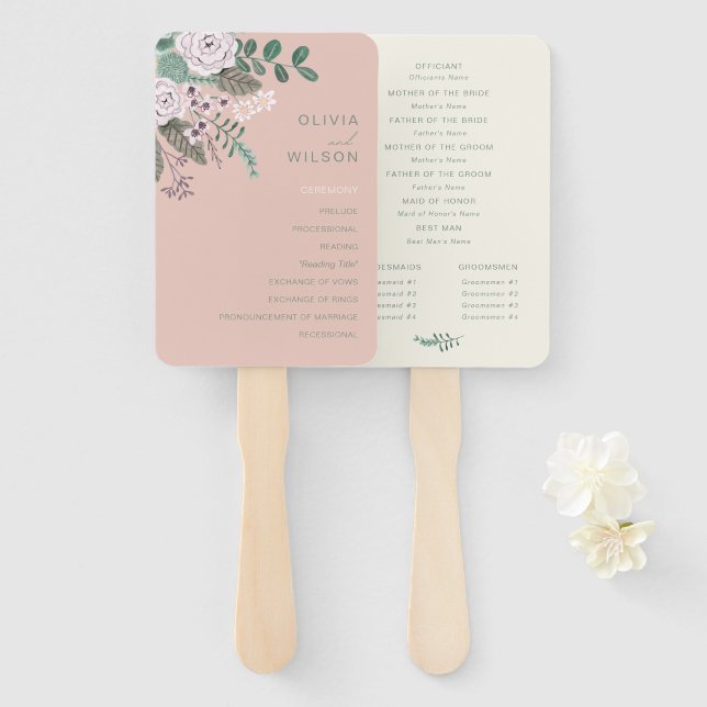 Éventail Mariage rose floral Ensemble de ventilateurs (Devant et derrière)