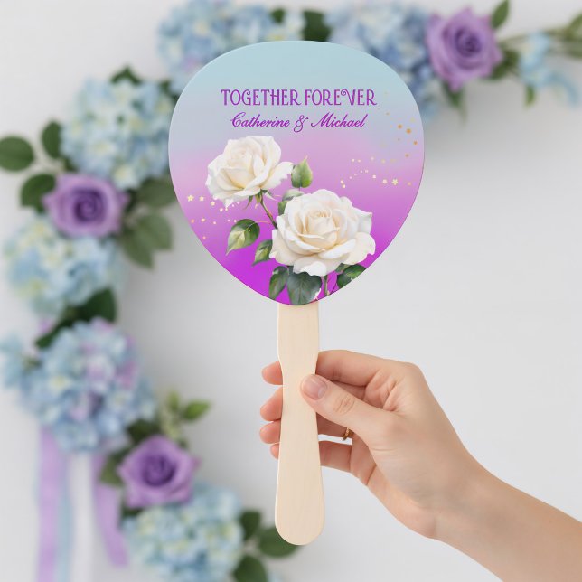 Éventail Mariage Roses Ombrées Aquarelle Bleu Rose Violet (Handheld lavender aqua floral pastel romantic blooms gradient wedding fan
)