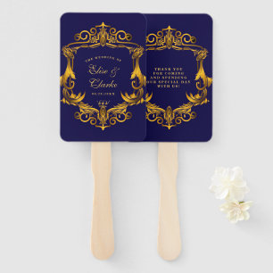Éventail Mariage Royal Crown Blue et Gold Flouring