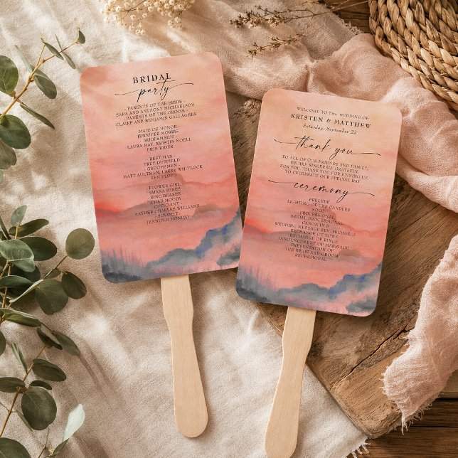 Éventail Mariage Rustique Aquarelle Coucher de Soleil Monta (Keep your guests cool & comfortable during your celebration with this beautiful mountain program fan)