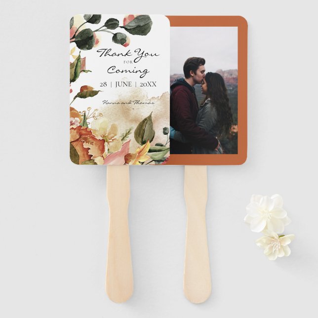 Éventail Mariage Rustique Floral Aquarelle Automnale (Devant et derrière)