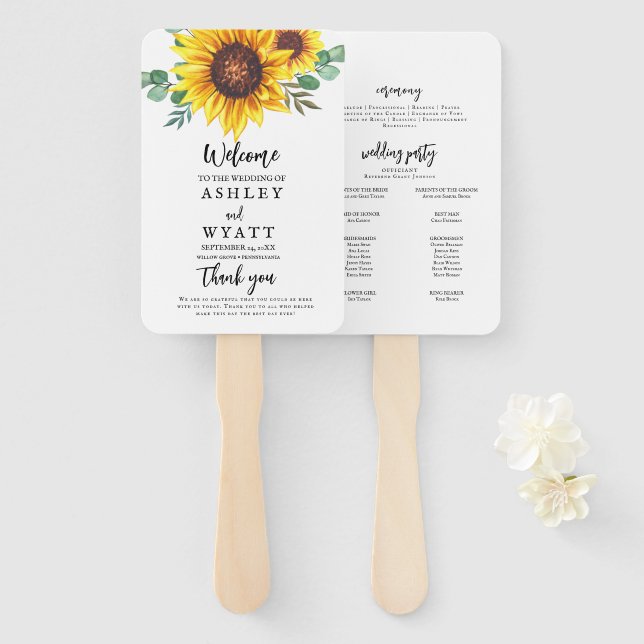 Éventail Mariage Tournesol Jaune Moderne (Devant et derrière)
