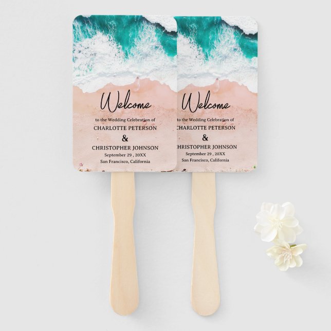 Éventail Mariage Vagues de Mer & Plage de Sable  (Devant et derrière)
