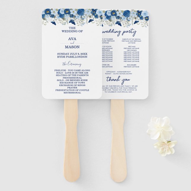 Éventail mariage vintage bleu aquarelle (Devant et derrière)