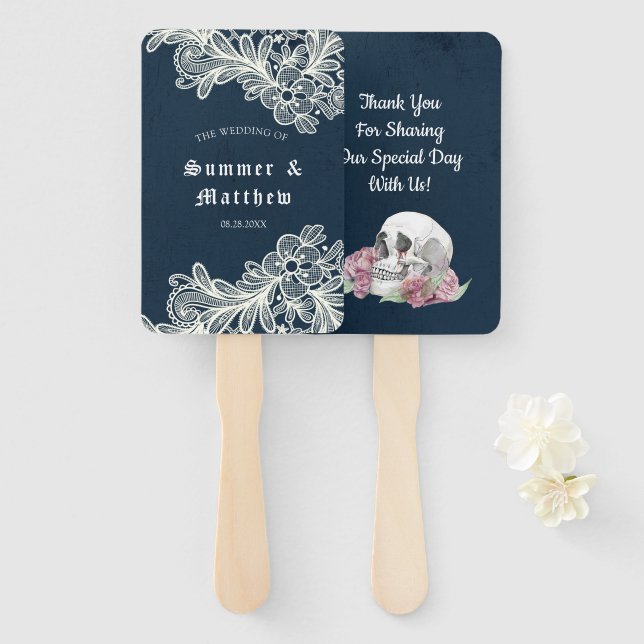 Éventail Marine bleu Crâne rose Roses dentelle Mariage goth (Devant et derrière)