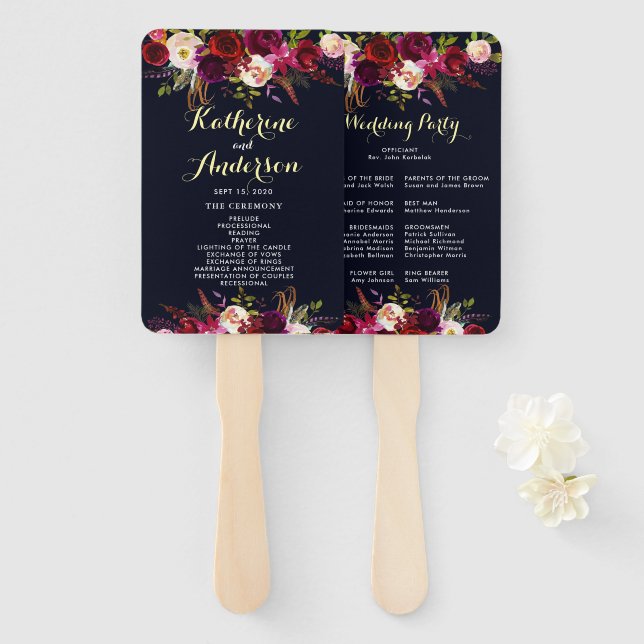 Éventail Marine Burgundy Marsala Boho Programme de mariage  (Devant et derrière)