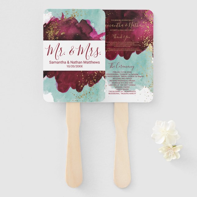 Éventail Marsala Rouge Turquoise Aquarelle Gold programmes  (Devant et derrière)