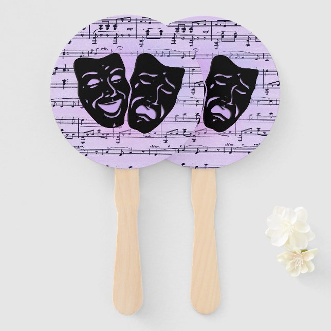 Éventail Masques de musique et de théâtre violets (Devant et derrière)