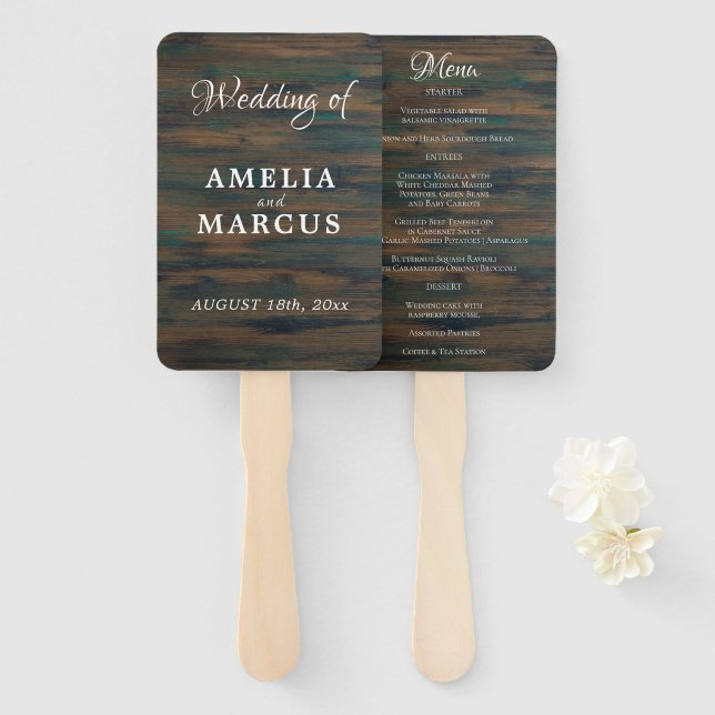 Éventail Menu de mariage à l'écriture rustique sur bois som (Devant et derrière)