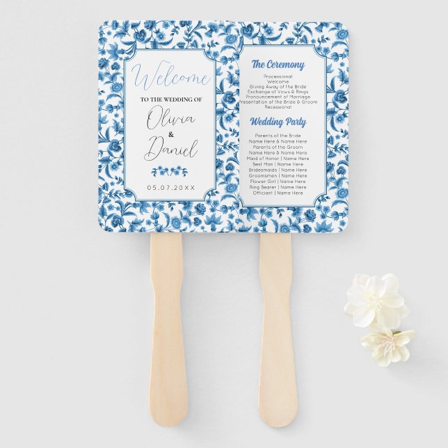 Éventail Menu mariage Programme Chintz Blue & White Floral (Devant et derrière)