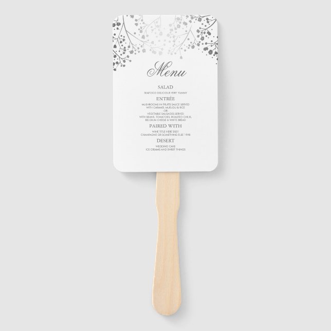 Éventail Menus Mariage argent et blanc (Devant)