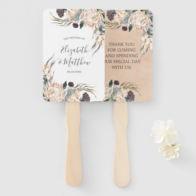 Éventail Merci de Mariage de Protea Blanc Boho Tropical (Devant et derrière)