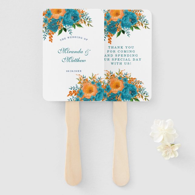 Éventail Merci de Mariage turquoise et orange peint (Devant et derrière)