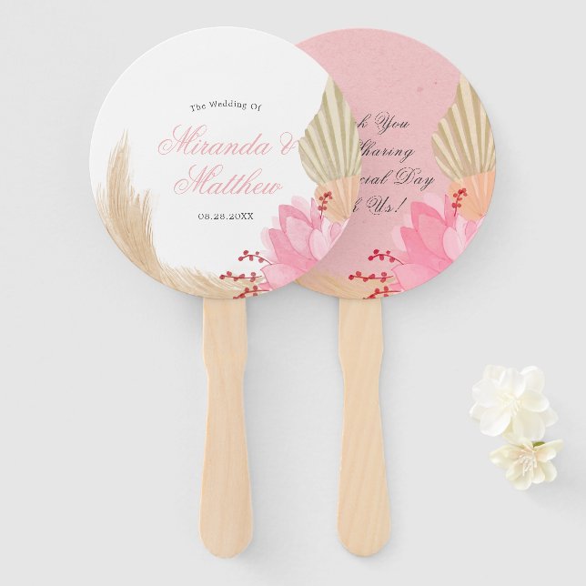 Éventail Merci Mariage Feuille de palme rose tropicale exot (Devant et derrière)